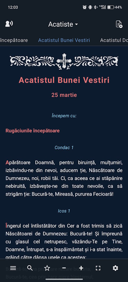 Meniu lateral din aplicație pentru Psaltire
