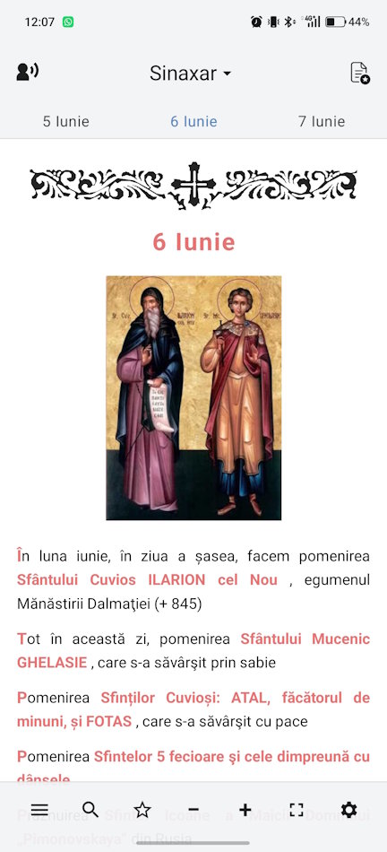 Ecran din aplicație cu Sinaxarul zilei